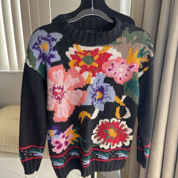 jj browne Sweaters - VTG  80s JJ Browne Black Multicolor floral hand Knit Sweater L